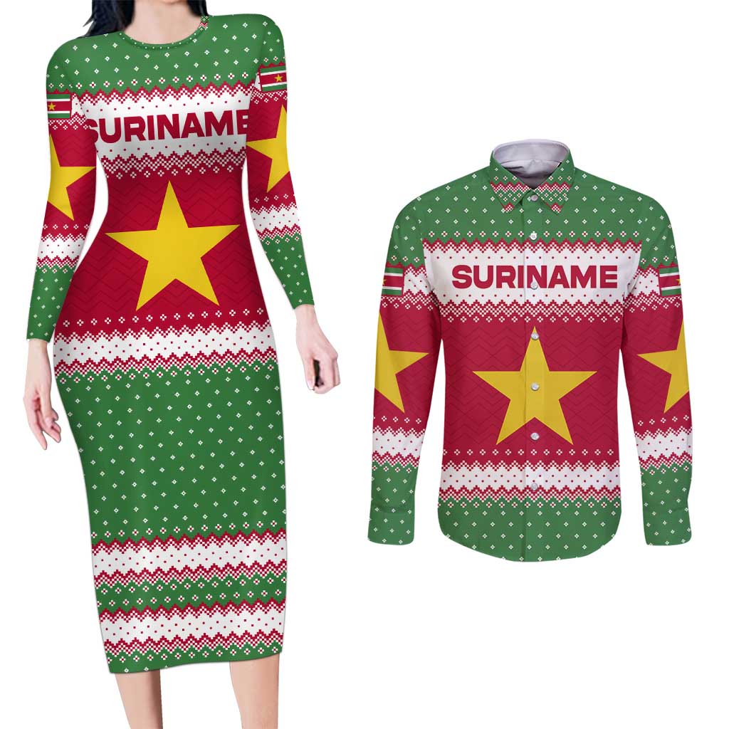 Suriname Christmas Couples Matching Long Sleeve Bodycon Dress and Long Sleeve Button Shirt with Red-Green Knit Pattern, Yellow Star, and Santa Leopard Motif - Wonder Print Shop