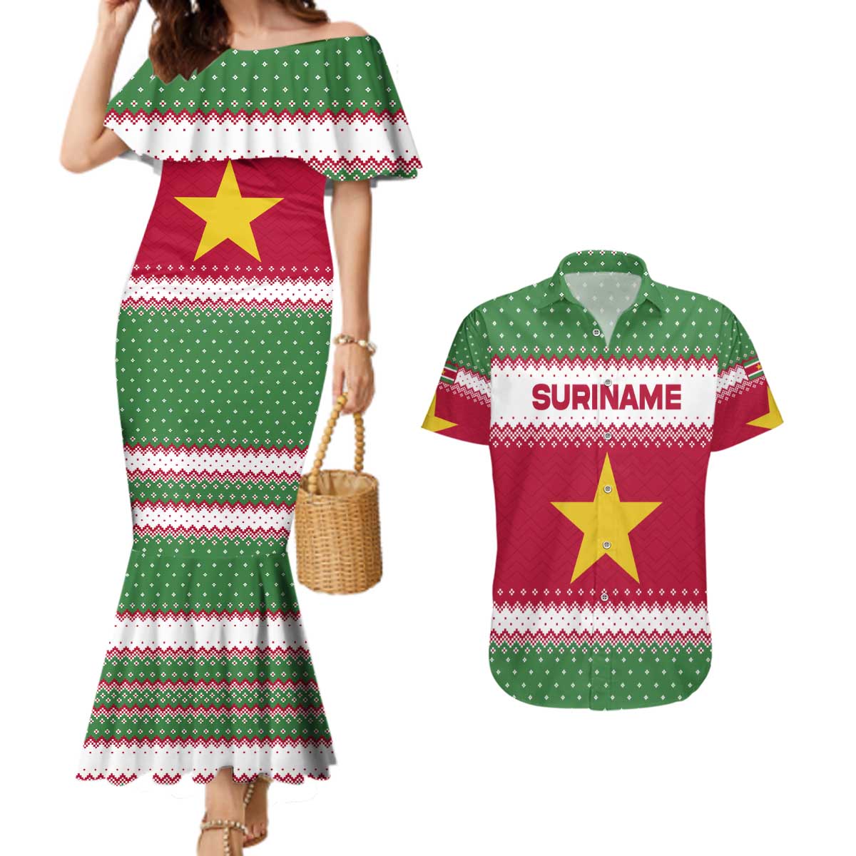 Suriname Christmas Couples Matching Mermaid Dress and Hawaiian Shirt with Red-Green Knit Pattern, Yellow Star, and Santa Leopard Motif - Wonder Print Shop