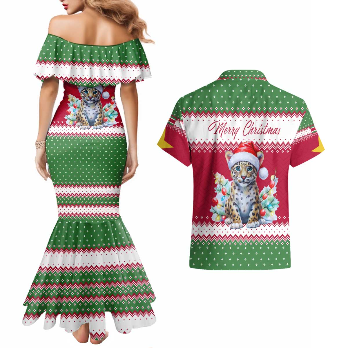 Suriname Christmas Couples Matching Mermaid Dress and Hawaiian Shirt with Red-Green Knit Pattern, Yellow Star, and Santa Leopard Motif - Wonder Print Shop