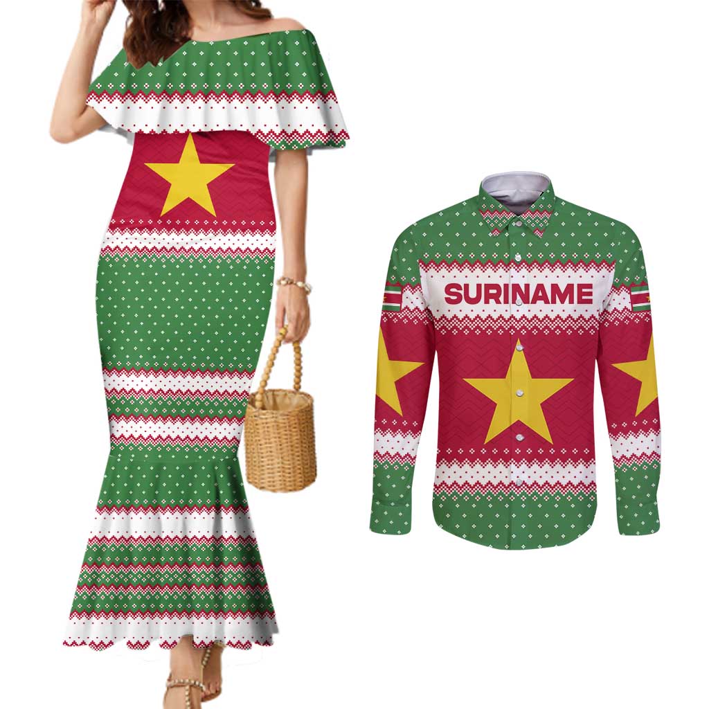 Suriname Christmas Couples Matching Mermaid Dress and Long Sleeve Button Shirt with Red-Green Knit Pattern, Yellow Star, and Santa Leopard Motif - Wonder Print Shop