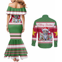 Suriname Christmas Couples Matching Mermaid Dress and Long Sleeve Button Shirt with Red-Green Knit Pattern, Yellow Star, and Santa Leopard Motif - Wonder Print Shop