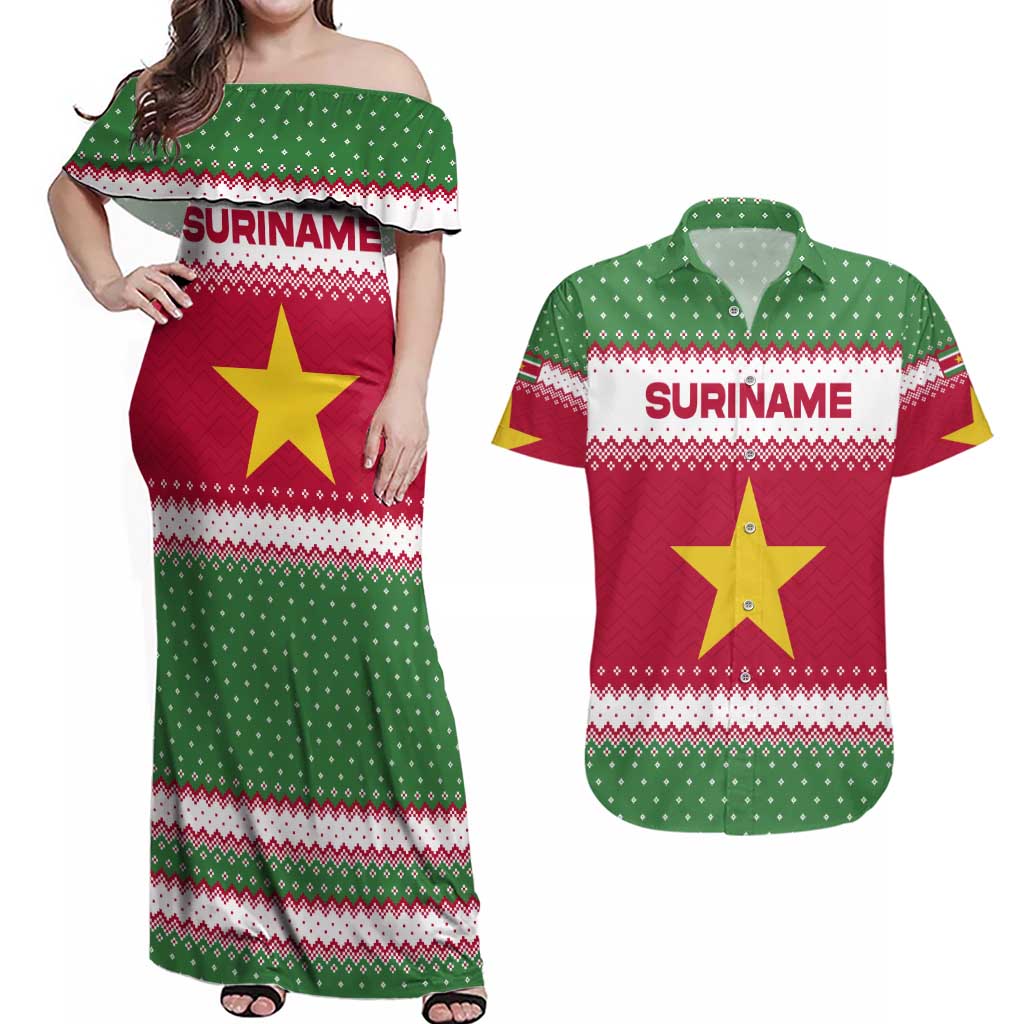 Suriname Christmas Couples Matching Off Shoulder Maxi Dress and Hawaiian Shirt with Red-Green Knit Pattern, Yellow Star, and Santa Leopard Motif - Wonder Print Shop