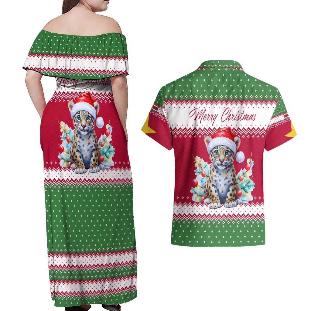 Suriname Christmas Couples Matching Off Shoulder Maxi Dress and Hawaiian Shirt with Red-Green Knit Pattern, Yellow Star, and Santa Leopard Motif - Wonder Print Shop