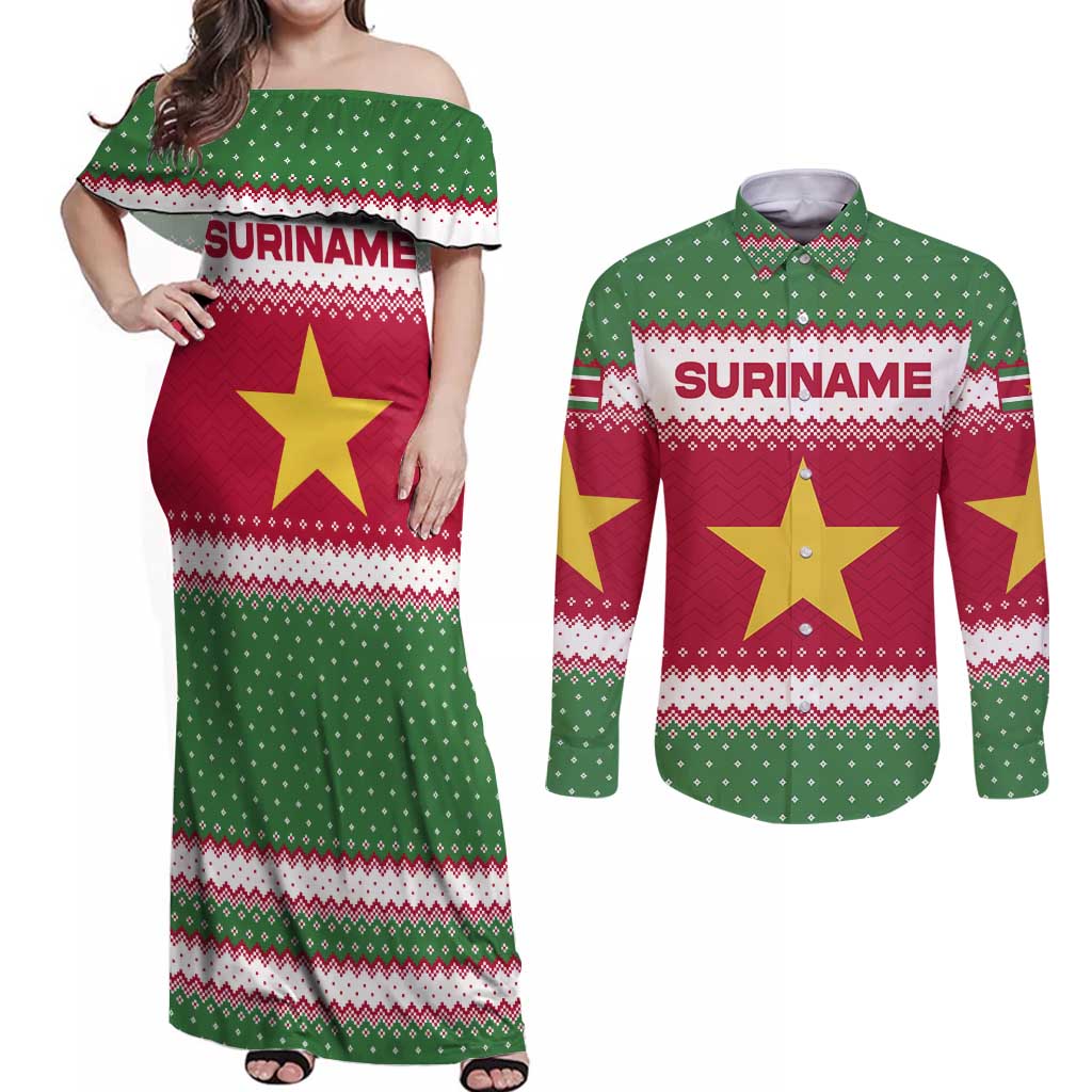 Suriname Christmas Couples Matching Off Shoulder Maxi Dress and Long Sleeve Button Shirt with Red-Green Knit Pattern, Yellow Star, and Santa Leopard Motif - Wonder Print Shop