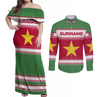 Suriname Christmas Couples Matching Off Shoulder Maxi Dress and Long Sleeve Button Shirt with Red-Green Knit Pattern, Yellow Star, and Santa Leopard Motif - Wonder Print Shop