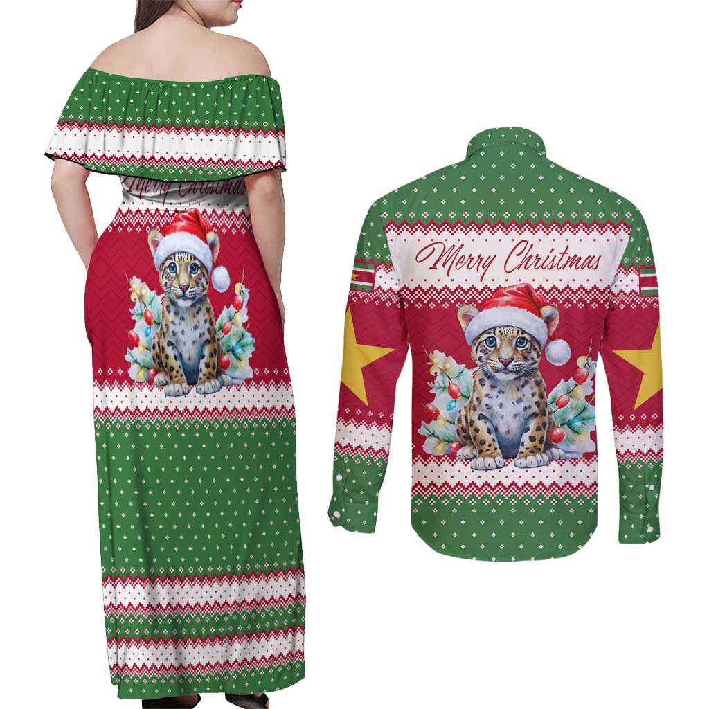 Suriname Christmas Couples Matching Off Shoulder Maxi Dress and Long Sleeve Button Shirt with Red-Green Knit Pattern, Yellow Star, and Santa Leopard Motif - Wonder Print Shop