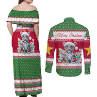 Suriname Christmas Couples Matching Off Shoulder Maxi Dress and Long Sleeve Button Shirt with Red-Green Knit Pattern, Yellow Star, and Santa Leopard Motif - Wonder Print Shop
