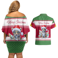 Suriname Christmas Couples Matching Off Shoulder Short Dress and Hawaiian Shirt with Red-Green Knit Pattern, Yellow Star, and Santa Leopard Motif - Wonder Print Shop