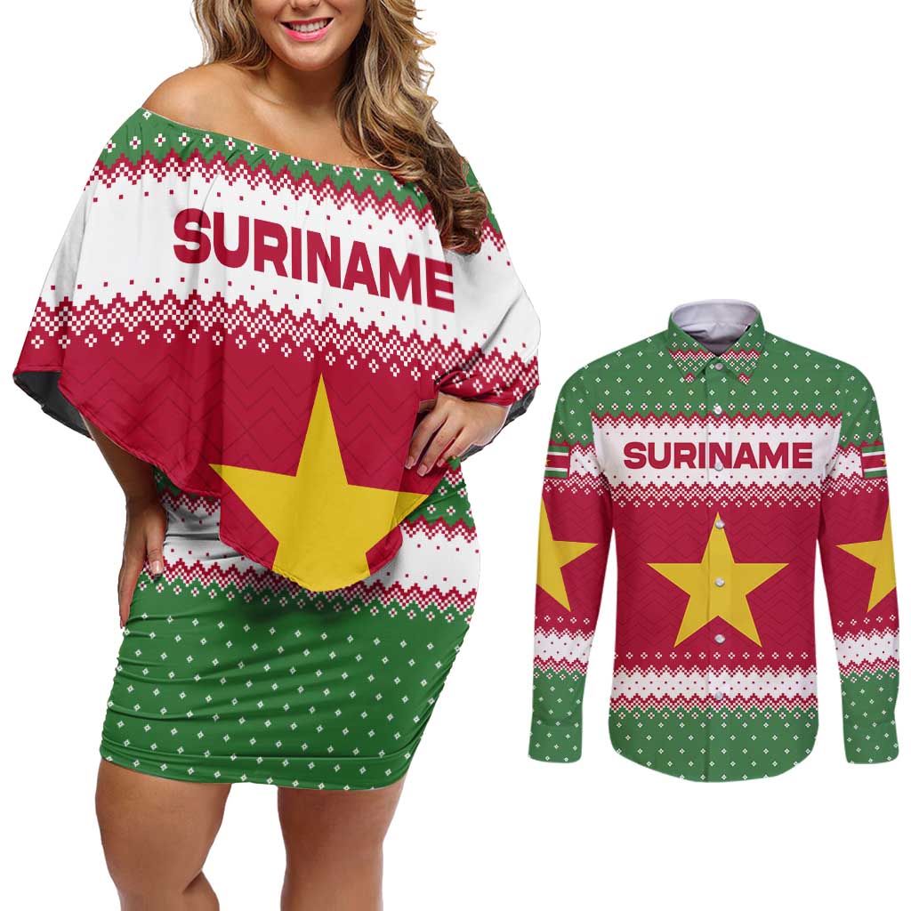 Suriname Christmas Couples Matching Off Shoulder Short Dress and Long Sleeve Button Shirt with Red-Green Knit Pattern, Yellow Star, and Santa Leopard Motif - Wonder Print Shop