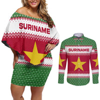 Suriname Christmas Couples Matching Off Shoulder Short Dress and Long Sleeve Button Shirt with Red-Green Knit Pattern, Yellow Star, and Santa Leopard Motif - Wonder Print Shop