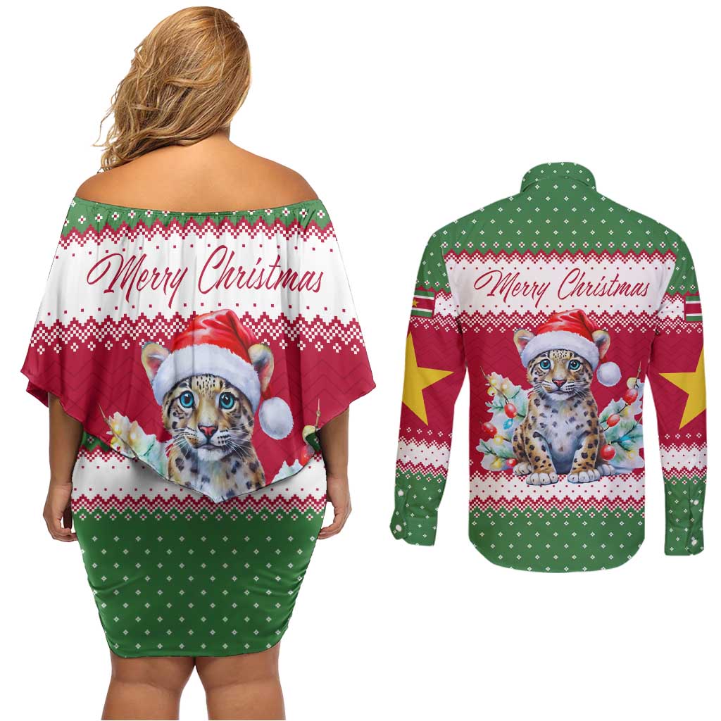 Suriname Christmas Couples Matching Off Shoulder Short Dress and Long Sleeve Button Shirt with Red-Green Knit Pattern, Yellow Star, and Santa Leopard Motif - Wonder Print Shop