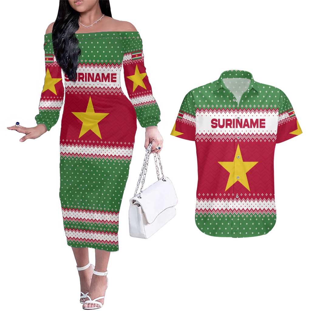 Suriname Christmas Couples Matching Off The Shoulder Long Sleeve Dress and Hawaiian Shirt with Red-Green Knit Pattern, Yellow Star, and Santa Leopard Motif - Wonder Print Shop