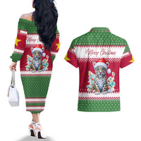 Suriname Christmas Couples Matching Off The Shoulder Long Sleeve Dress and Hawaiian Shirt with Red-Green Knit Pattern, Yellow Star, and Santa Leopard Motif - Wonder Print Shop