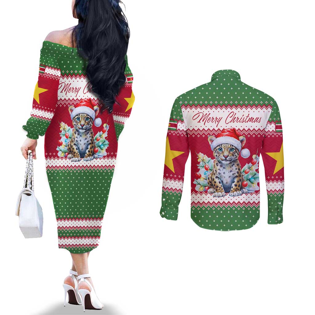 Suriname Christmas Couples Matching Off The Shoulder Long Sleeve Dress and Long Sleeve Button Shirt with Red-Green Knit Pattern, Yellow Star, and Santa Leopard Motif - Wonder Print Shop