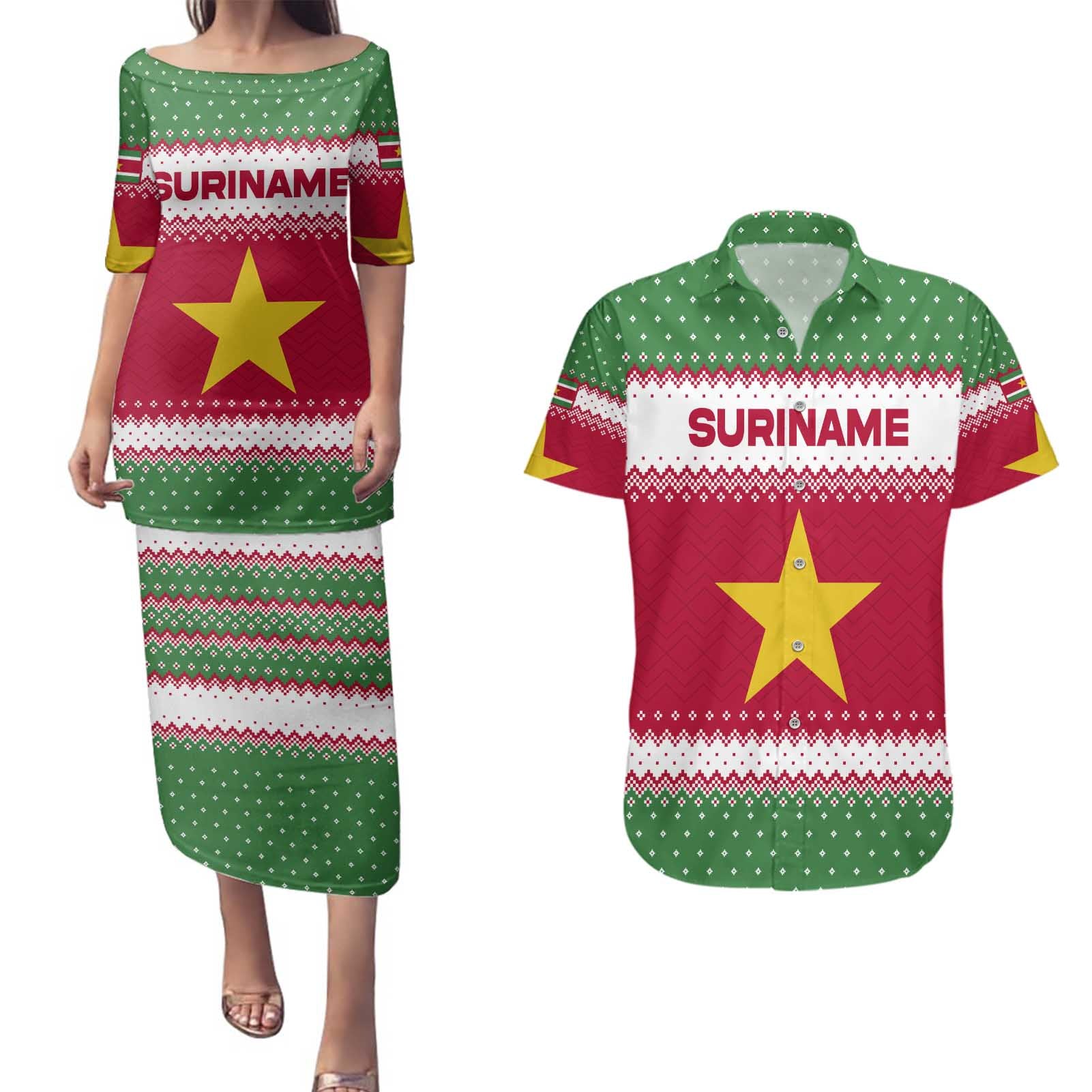 Suriname Christmas Couples Matching Puletasi and Hawaiian Shirt with Red-Green Knit Pattern, Yellow Star, and Santa Leopard Motif - Wonder Print Shop