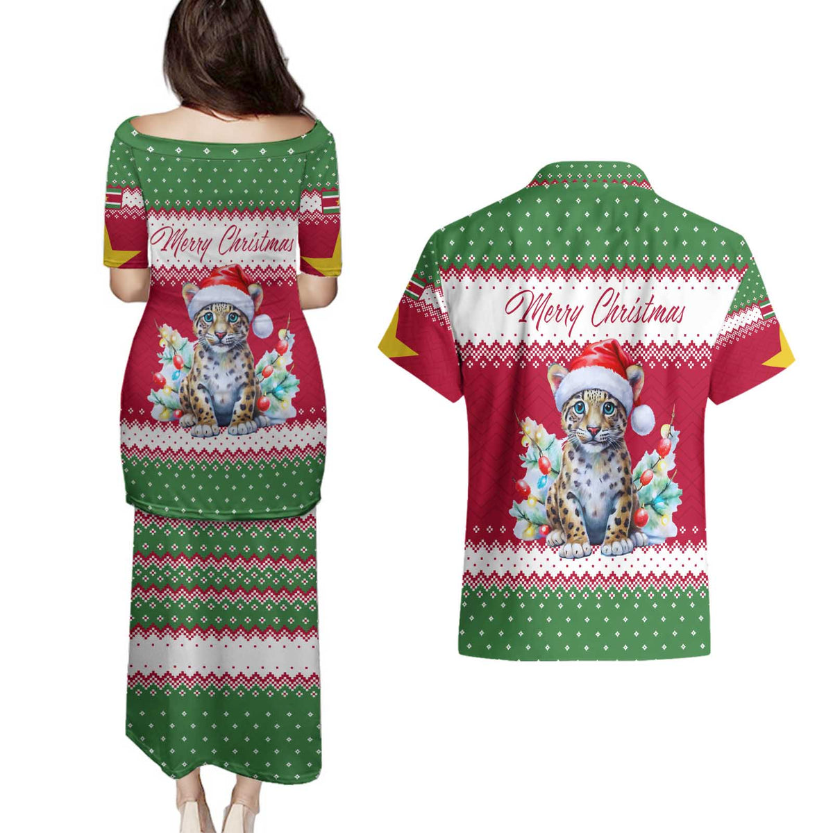 Suriname Christmas Couples Matching Puletasi and Hawaiian Shirt with Red-Green Knit Pattern, Yellow Star, and Santa Leopard Motif - Wonder Print Shop