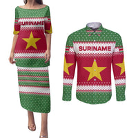 Suriname Christmas Couples Matching Puletasi and Long Sleeve Button Shirt with Red-Green Knit Pattern, Yellow Star, and Santa Leopard Motif - Wonder Print Shop