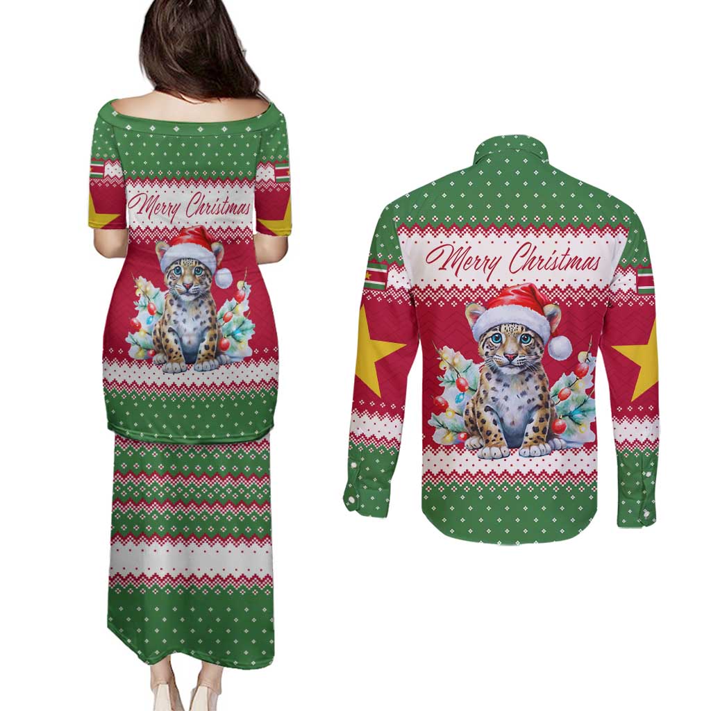 Suriname Christmas Couples Matching Puletasi and Long Sleeve Button Shirt with Red-Green Knit Pattern, Yellow Star, and Santa Leopard Motif - Wonder Print Shop