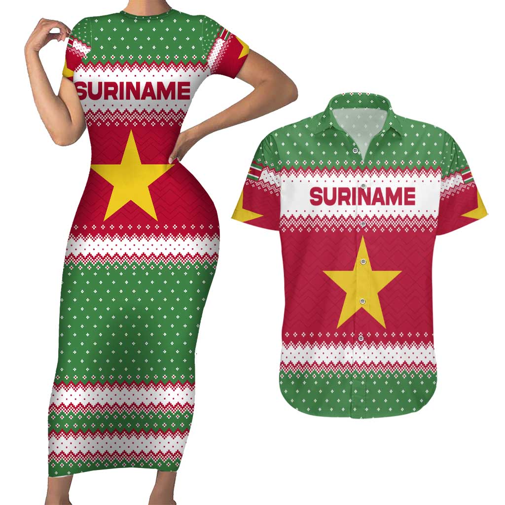 Suriname Christmas Couples Matching Short Sleeve Bodycon Dress and Hawaiian Shirt with Red-Green Knit Pattern, Yellow Star, and Santa Leopard Motif - Wonder Print Shop