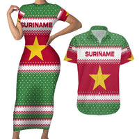 Suriname Christmas Couples Matching Short Sleeve Bodycon Dress and Hawaiian Shirt with Red-Green Knit Pattern, Yellow Star, and Santa Leopard Motif - Wonder Print Shop