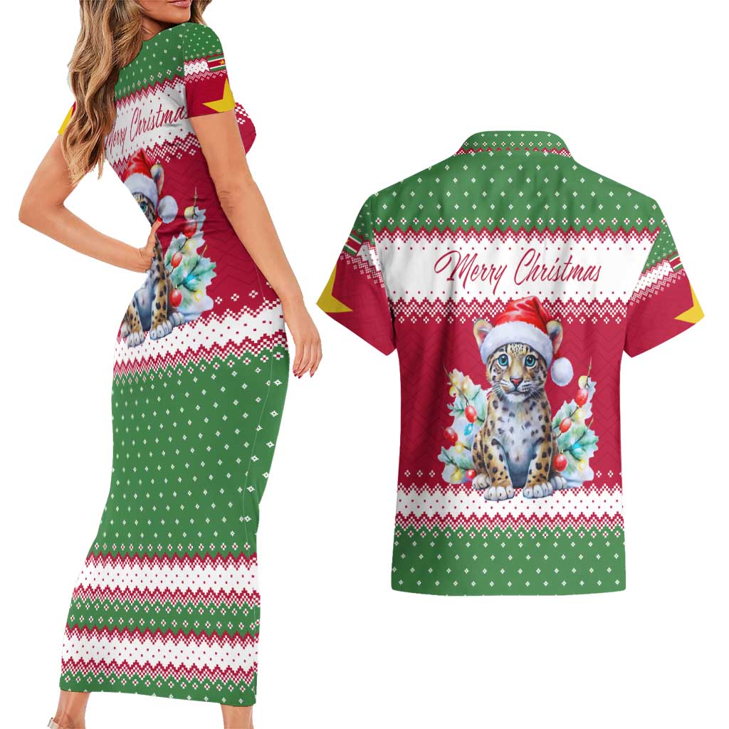 Suriname Christmas Couples Matching Short Sleeve Bodycon Dress and Hawaiian Shirt with Red-Green Knit Pattern, Yellow Star, and Santa Leopard Motif - Wonder Print Shop