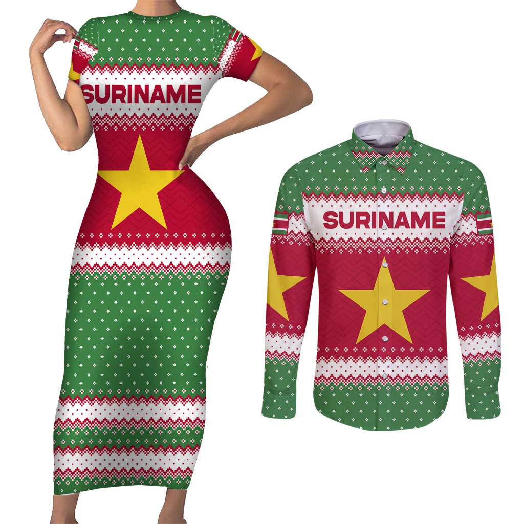Suriname Christmas Couples Matching Short Sleeve Bodycon Dress and Long Sleeve Button Shirt with Red-Green Knit Pattern, Yellow Star, and Santa Leopard Motif - Wonder Print Shop
