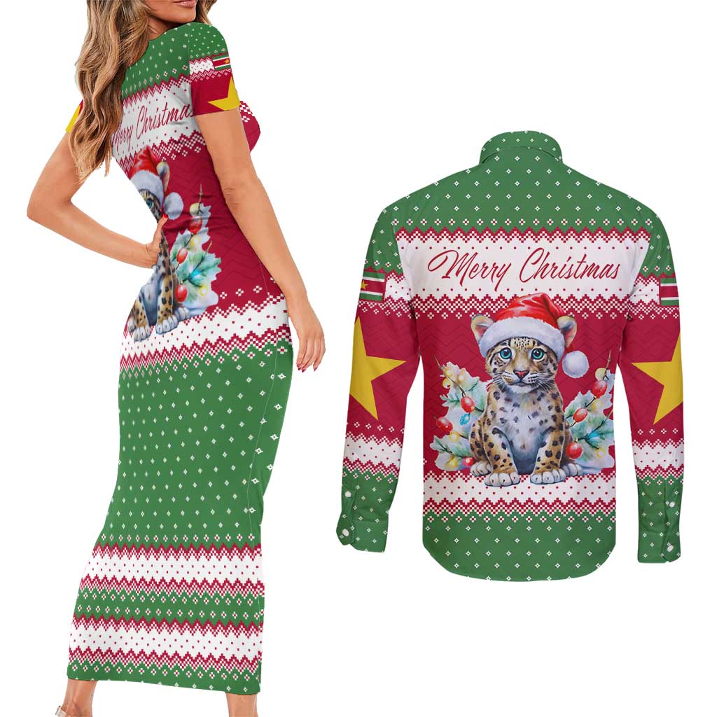 Suriname Christmas Couples Matching Short Sleeve Bodycon Dress and Long Sleeve Button Shirt with Red-Green Knit Pattern, Yellow Star, and Santa Leopard Motif - Wonder Print Shop
