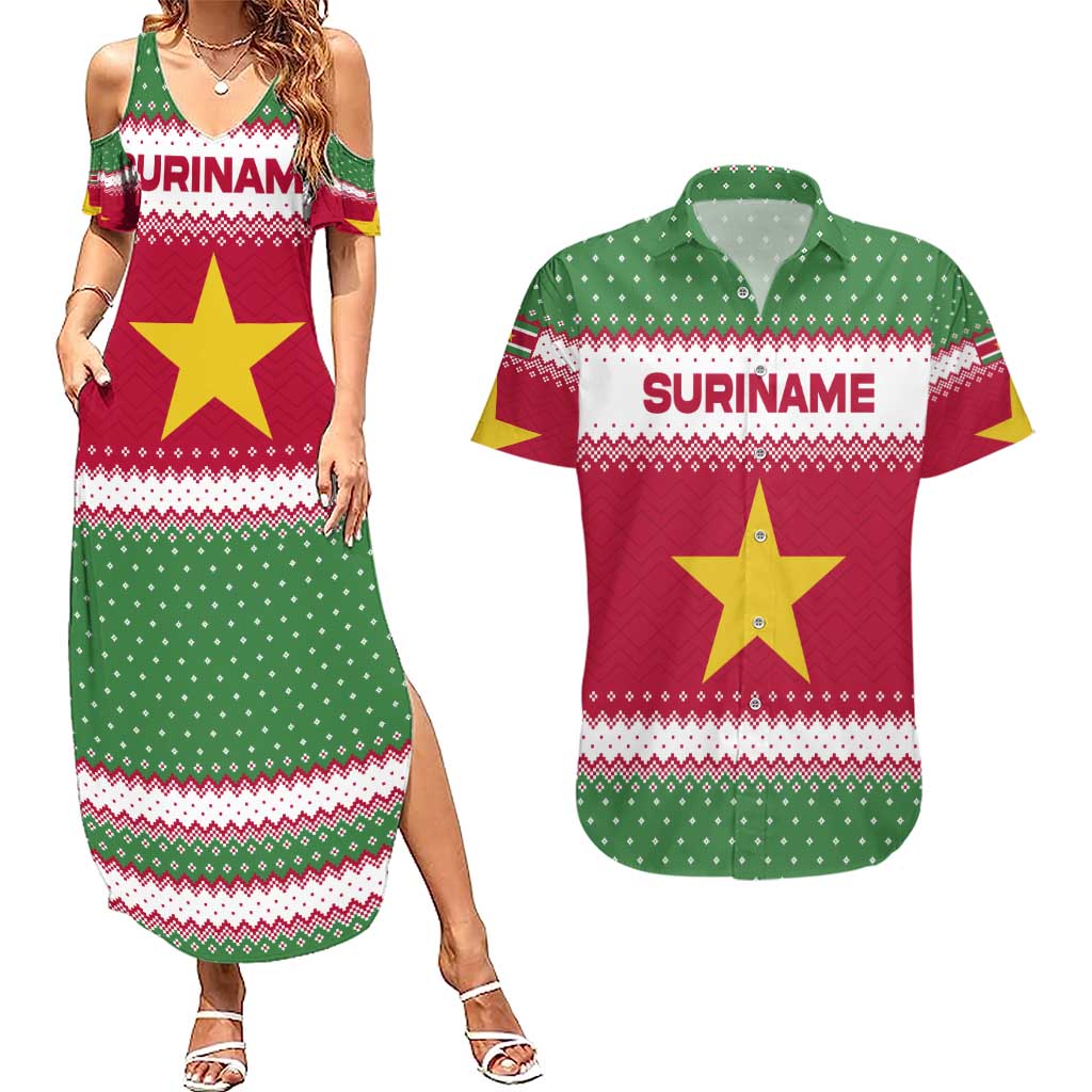 Suriname Christmas Couples Matching Summer Maxi Dress and Hawaiian Shirt with Red-Green Knit Pattern, Yellow Star, and Santa Leopard Motif - Wonder Print Shop