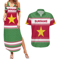 Suriname Christmas Couples Matching Summer Maxi Dress and Hawaiian Shirt with Red-Green Knit Pattern, Yellow Star, and Santa Leopard Motif - Wonder Print Shop