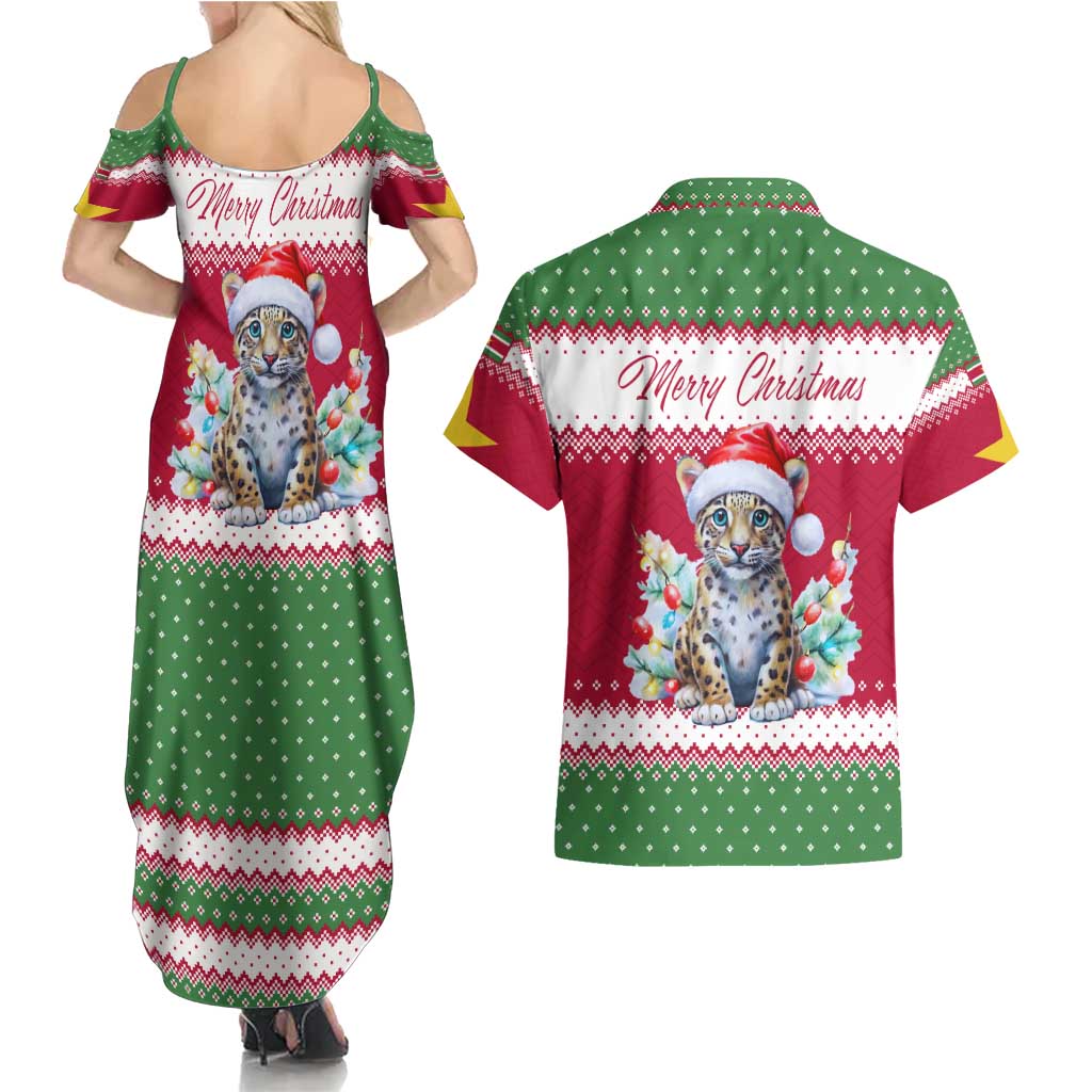 Suriname Christmas Couples Matching Summer Maxi Dress and Hawaiian Shirt with Red-Green Knit Pattern, Yellow Star, and Santa Leopard Motif - Wonder Print Shop