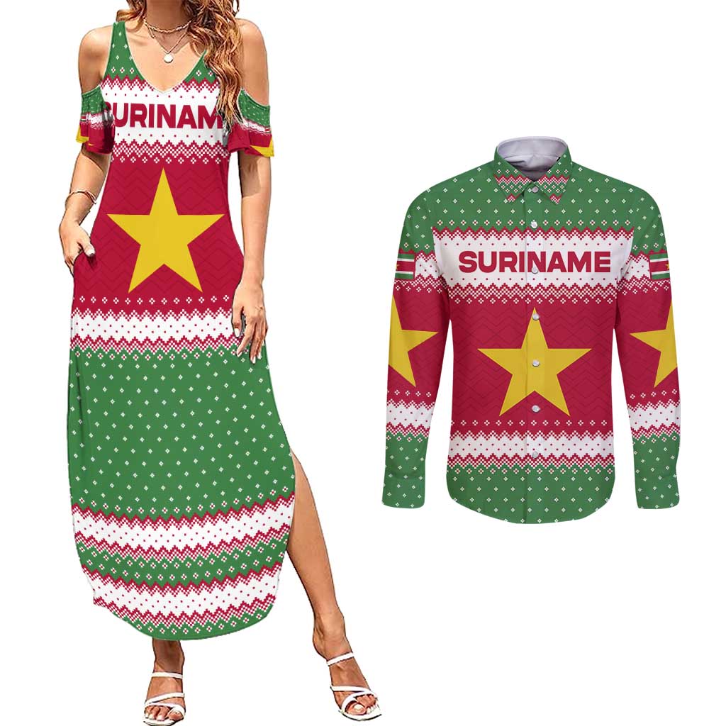 Suriname Christmas Couples Matching Summer Maxi Dress and Long Sleeve Button Shirt with Red-Green Knit Pattern, Yellow Star, and Santa Leopard Motif - Wonder Print Shop