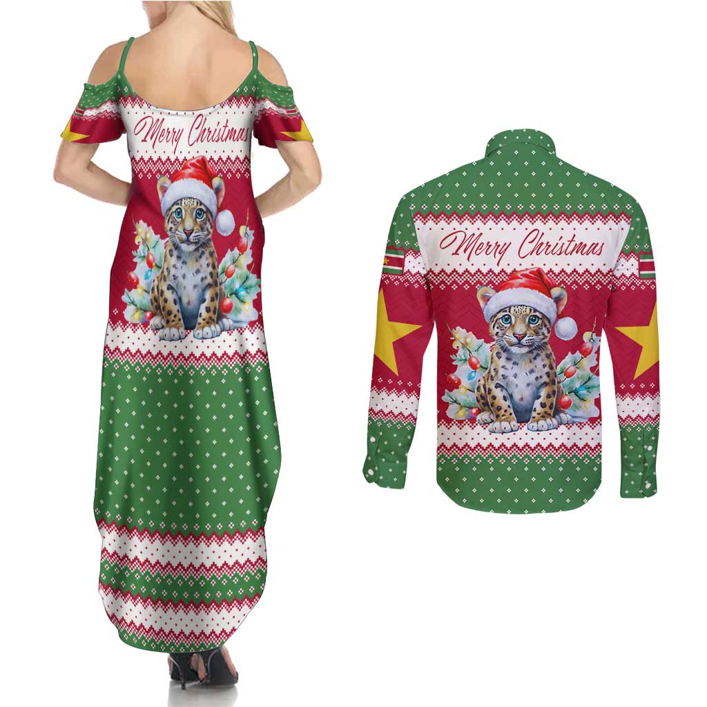 Suriname Christmas Couples Matching Summer Maxi Dress and Long Sleeve Button Shirt with Red-Green Knit Pattern, Yellow Star, and Santa Leopard Motif - Wonder Print Shop