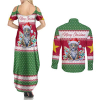 Suriname Christmas Couples Matching Summer Maxi Dress and Long Sleeve Button Shirt with Red-Green Knit Pattern, Yellow Star, and Santa Leopard Motif - Wonder Print Shop
