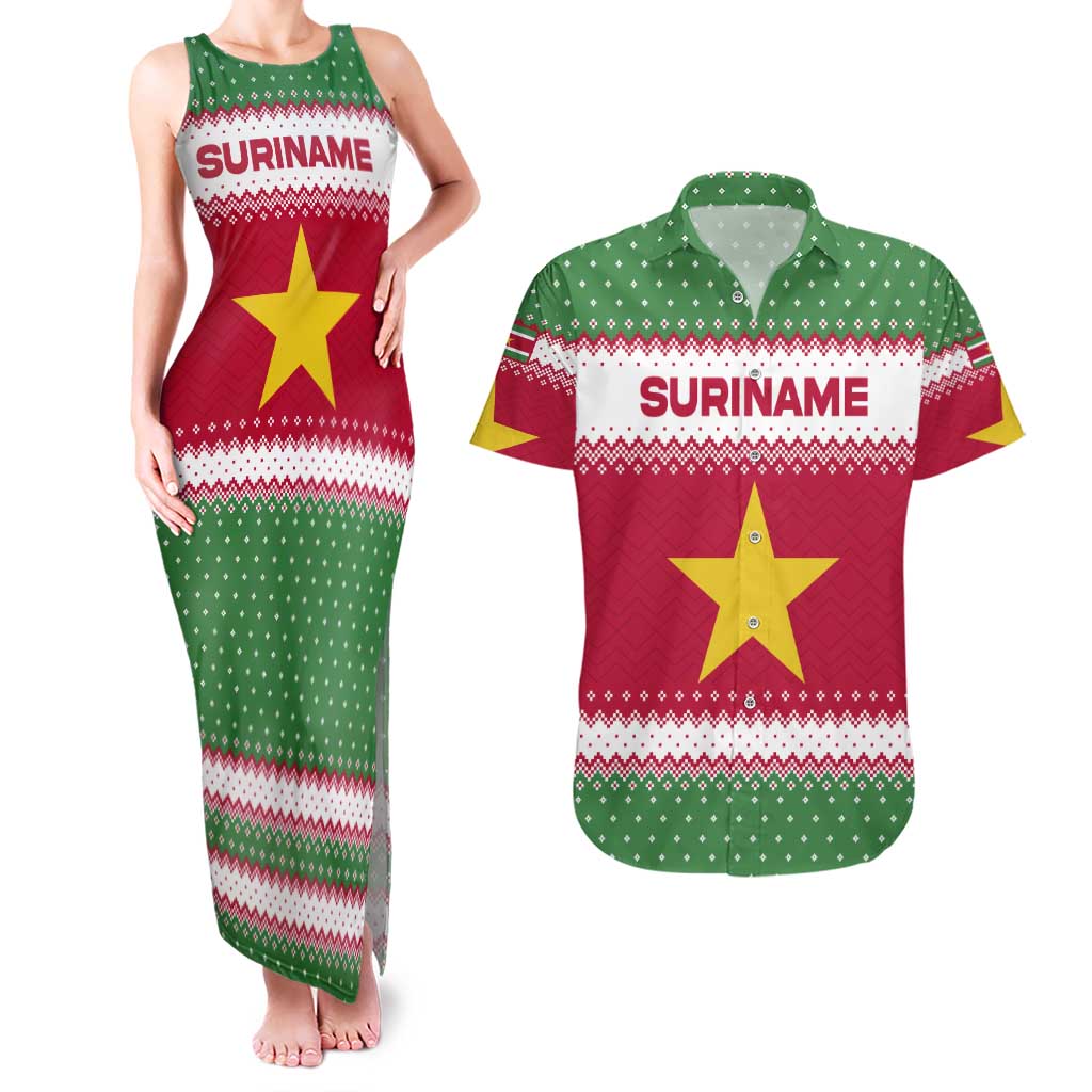 Suriname Christmas Couples Matching Tank Maxi Dress and Hawaiian Shirt with Red-Green Knit Pattern, Yellow Star, and Santa Leopard Motif - Wonder Print Shop