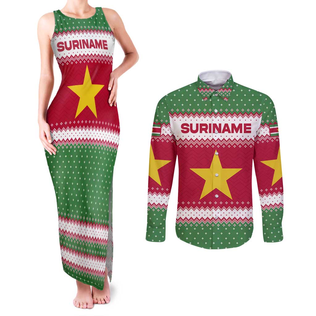 Suriname Christmas Couples Matching Tank Maxi Dress and Long Sleeve Button Shirt with Red-Green Knit Pattern, Yellow Star, and Santa Leopard Motif - Wonder Print Shop