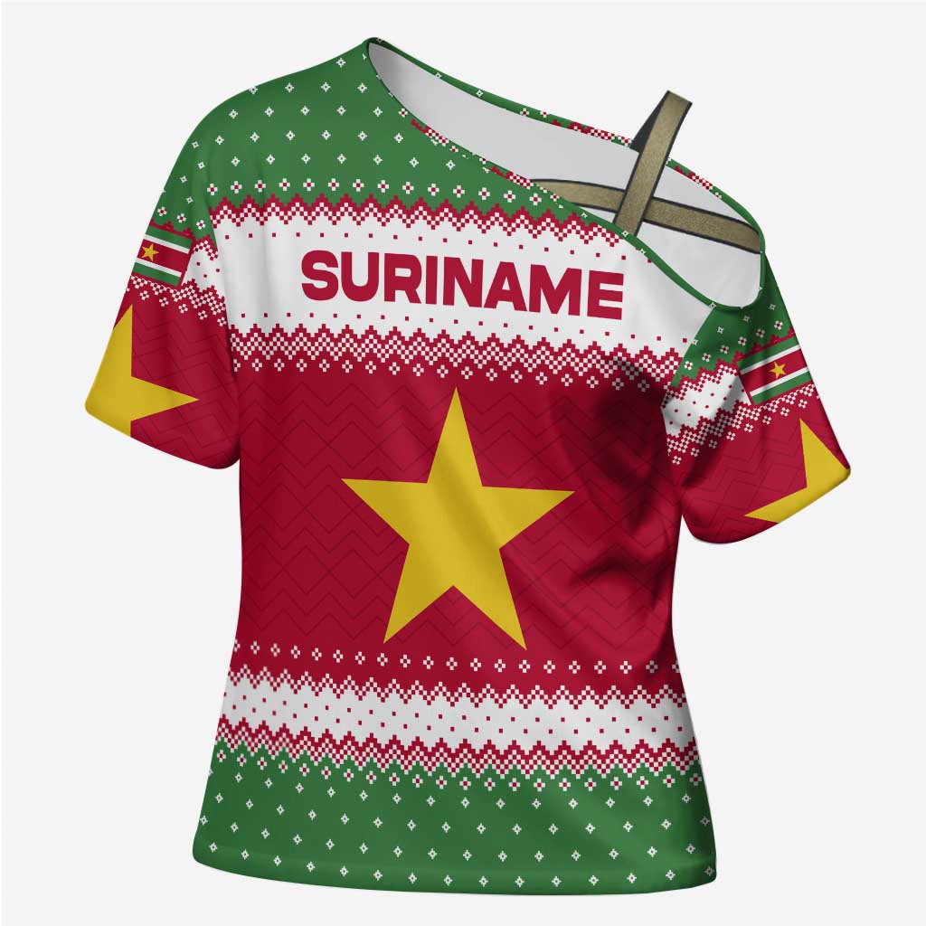 Suriname Christmas Cross Shoulder Shirt with Red-Green Knit Pattern, Yellow Star, and Santa Leopard Motif - Wonder Print Shop