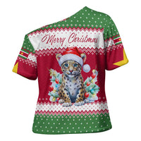 Suriname Christmas Cross Shoulder Shirt with Red-Green Knit Pattern, Yellow Star, and Santa Leopard Motif - Wonder Print Shop