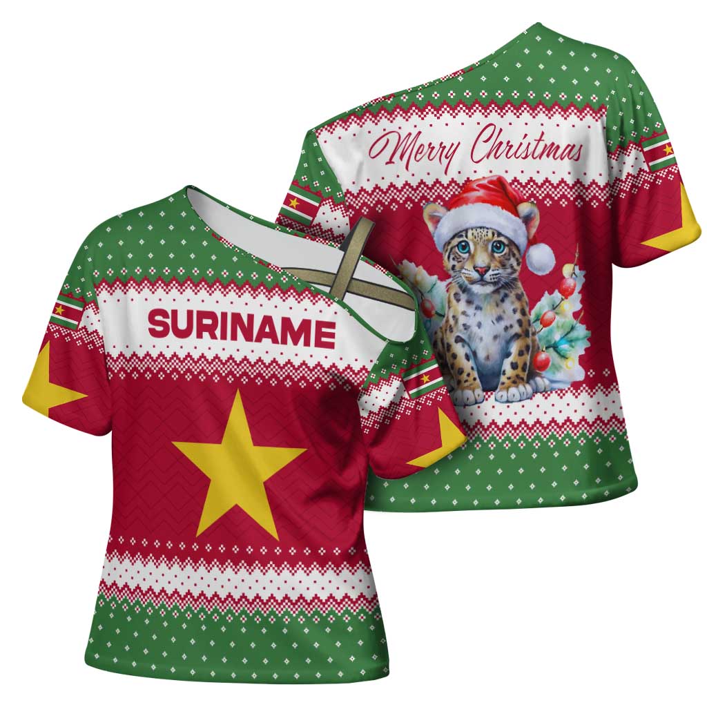 Suriname Christmas Cross Shoulder Shirt with Red-Green Knit Pattern, Yellow Star, and Santa Leopard Motif - Wonder Print Shop