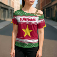 Suriname Christmas Cross Shoulder Shirt with Red-Green Knit Pattern, Yellow Star, and Santa Leopard Motif - Wonder Print Shop
