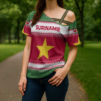 Suriname Christmas Cross Shoulder Shirt with Red-Green Knit Pattern, Yellow Star, and Santa Leopard Motif - Wonder Print Shop