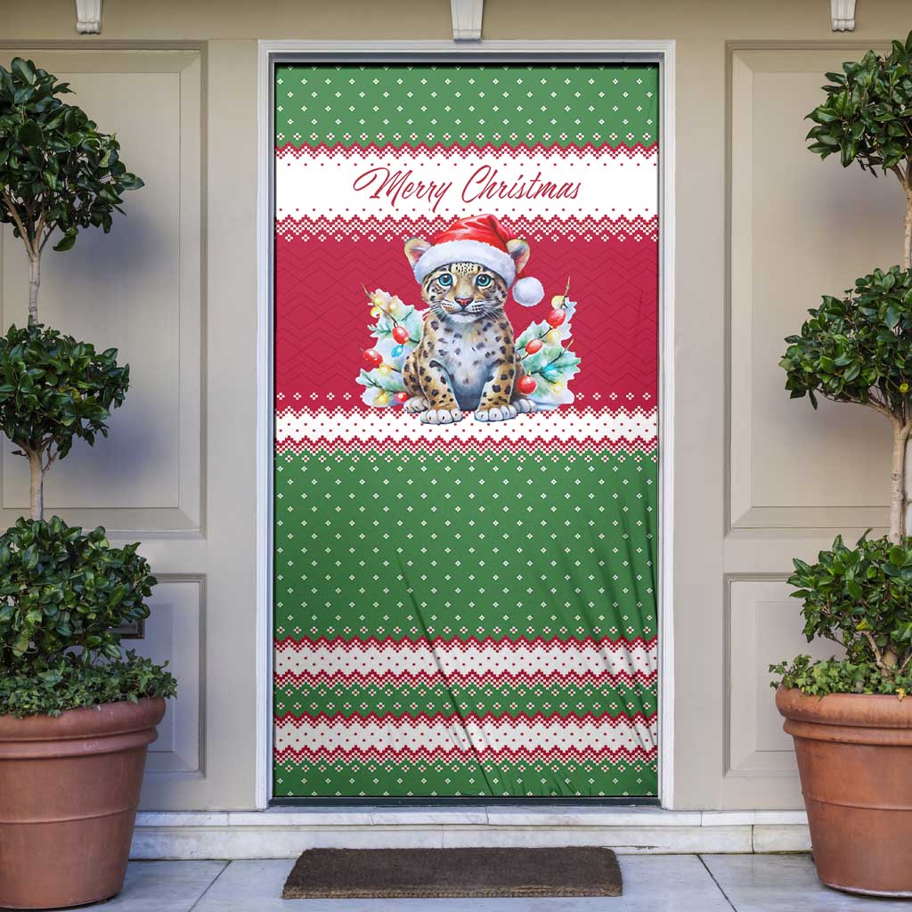 Suriname Christmas Door Cover with Red-Green Knit Pattern, Yellow Star, and Santa Leopard Motif - Wonder Print Shop