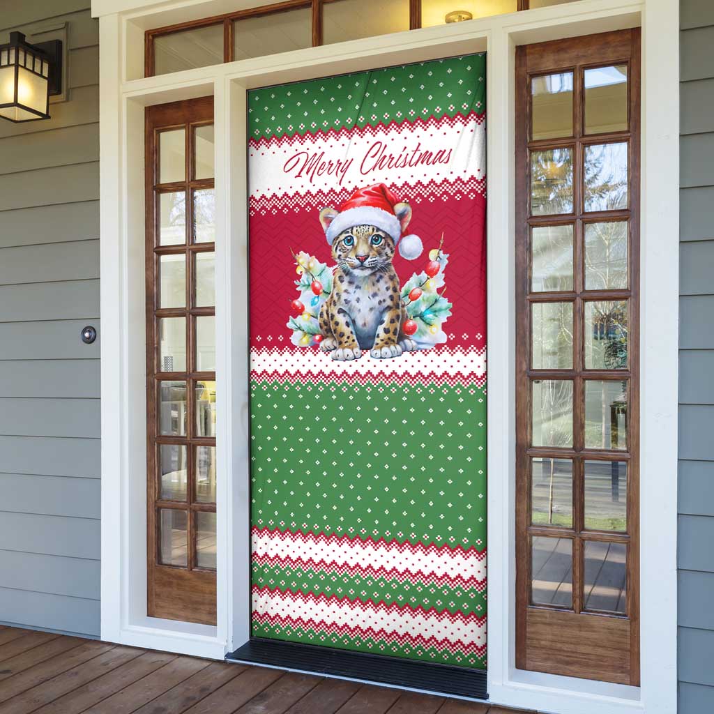 Suriname Christmas Door Cover with Red-Green Knit Pattern, Yellow Star, and Santa Leopard Motif - Wonder Print Shop