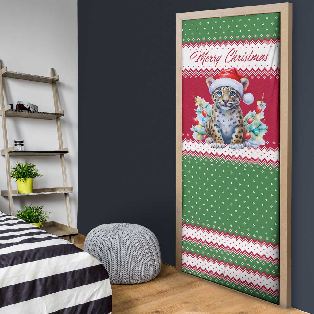 Suriname Christmas Door Cover with Red-Green Knit Pattern, Yellow Star, and Santa Leopard Motif - Wonder Print Shop