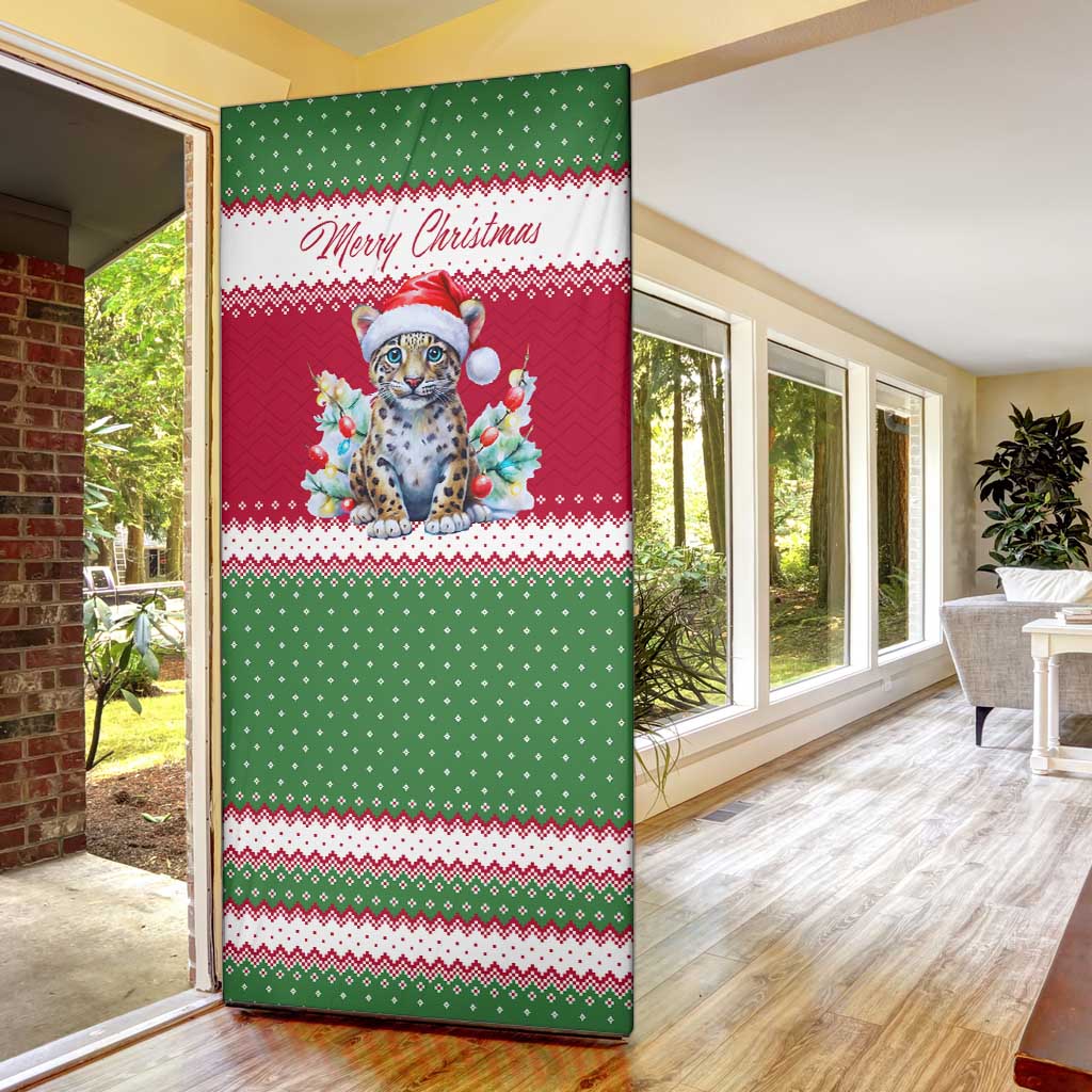 Suriname Christmas Door Cover with Red-Green Knit Pattern, Yellow Star, and Santa Leopard Motif - Wonder Print Shop
