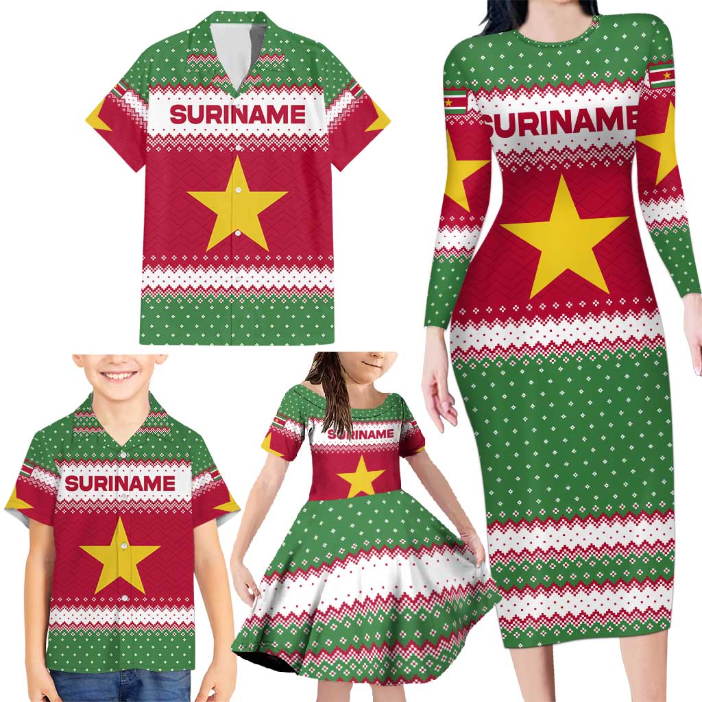 Suriname Christmas Family Matching Long Sleeve Bodycon Dress and Hawaiian Shirt with Red-Green Knit Pattern, Yellow Star, and Santa Leopard Motif - Wonder Print Shop