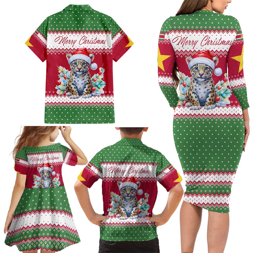 Suriname Christmas Family Matching Long Sleeve Bodycon Dress and Hawaiian Shirt with Red-Green Knit Pattern, Yellow Star, and Santa Leopard Motif - Wonder Print Shop