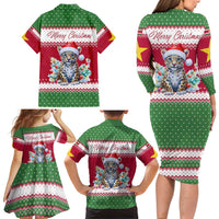Suriname Christmas Family Matching Long Sleeve Bodycon Dress and Hawaiian Shirt with Red-Green Knit Pattern, Yellow Star, and Santa Leopard Motif - Wonder Print Shop