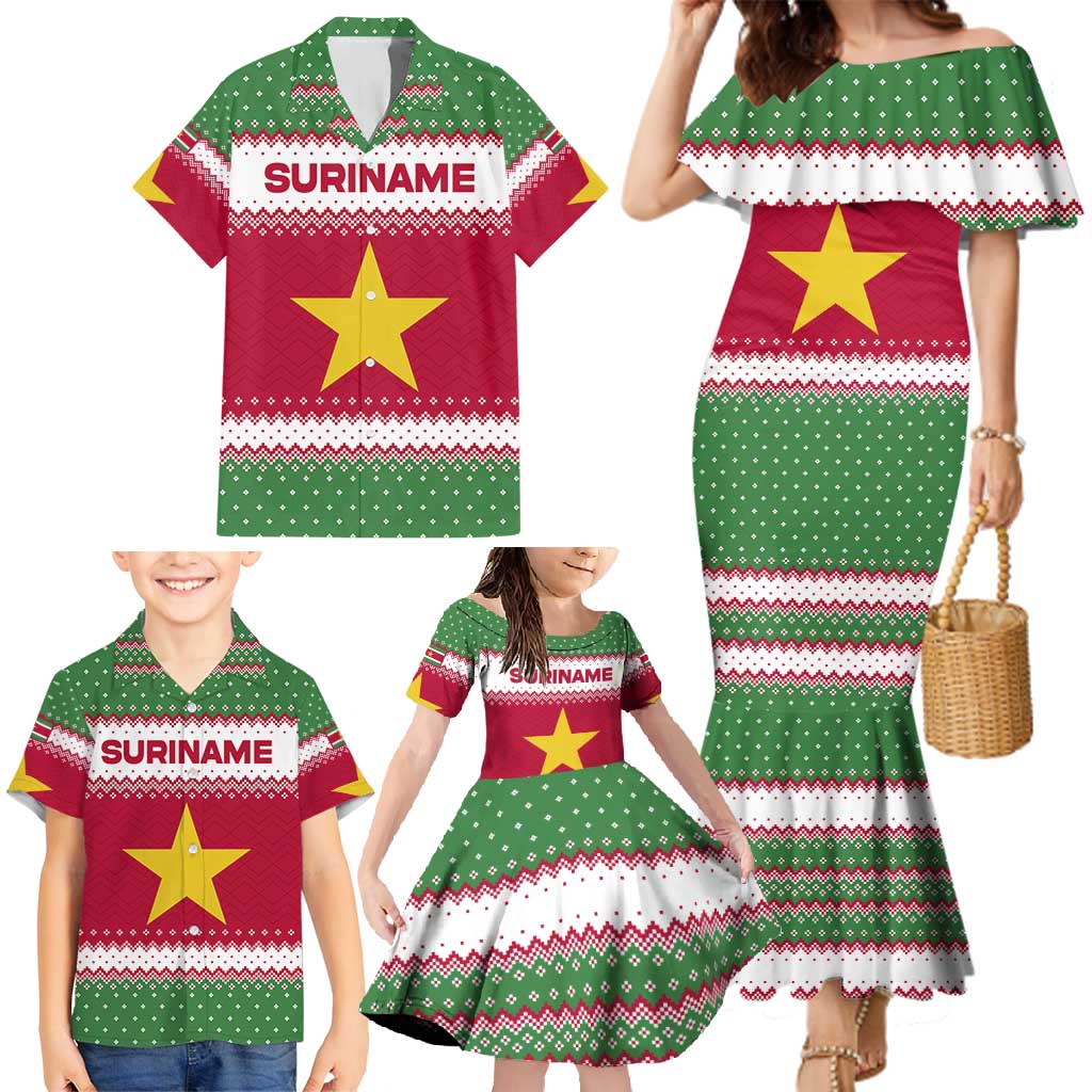 Suriname Christmas Family Matching Mermaid Dress and Hawaiian Shirt with Red-Green Knit Pattern, Yellow Star, and Santa Leopard Motif - Wonder Print Shop