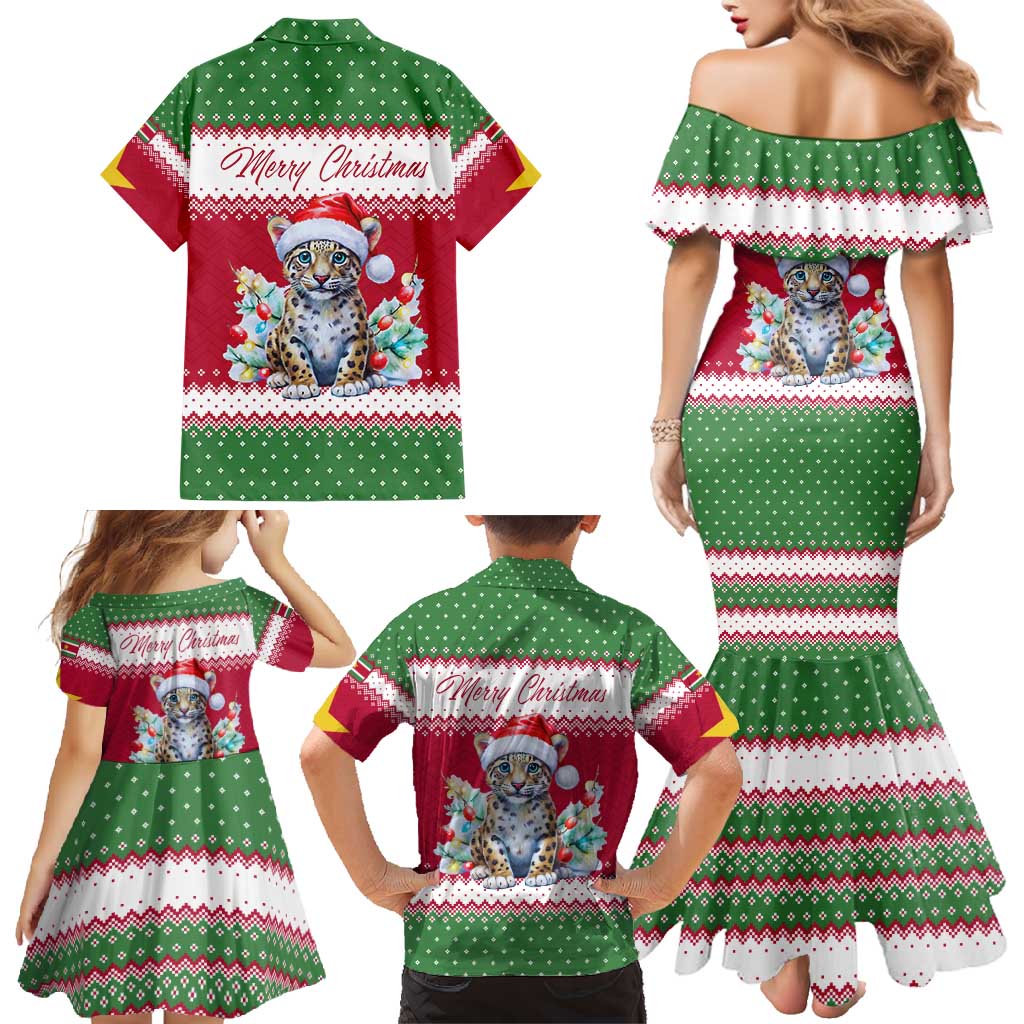 Suriname Christmas Family Matching Mermaid Dress and Hawaiian Shirt with Red-Green Knit Pattern, Yellow Star, and Santa Leopard Motif - Wonder Print Shop
