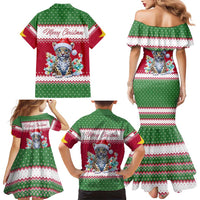 Suriname Christmas Family Matching Mermaid Dress and Hawaiian Shirt with Red-Green Knit Pattern, Yellow Star, and Santa Leopard Motif - Wonder Print Shop